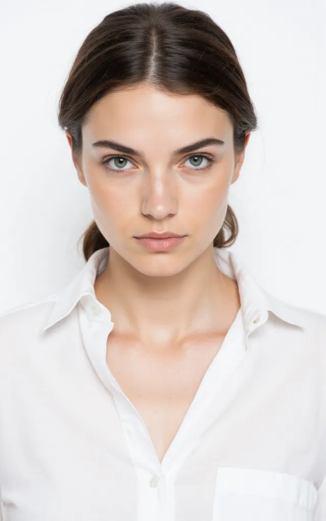 A French female model with a Low ponytail, wearing a shirt, against a white background, in a front   facing bust portrait